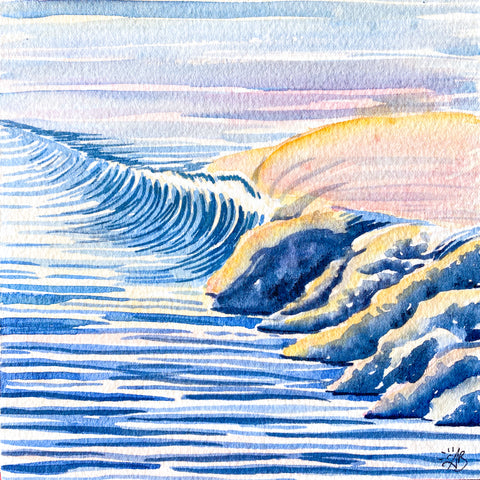 sunset wave surf art watercolor