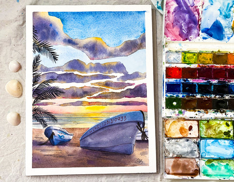 ocean sunset fishing boats watercolor painting