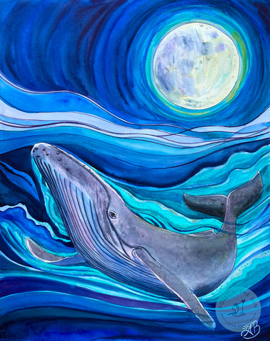 humpback whale full moon watercolor painting