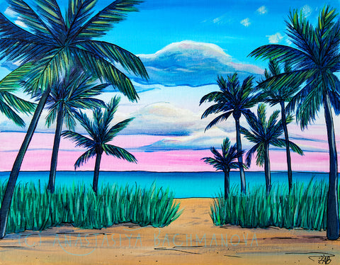 tropical beach painting sunset palm trees ocean