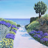A painted coastal pathway scene with purple and yellow flowers lining a light path that leads to the ocean under a blue sky, with a green tree on the right.