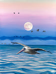 original large painting of a pelican flying over ocean