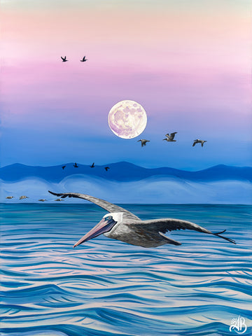 original large painting of a pelican flying over ocean