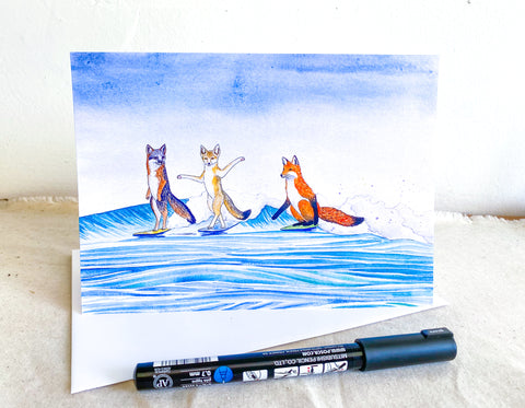 surfing foxes greeting card