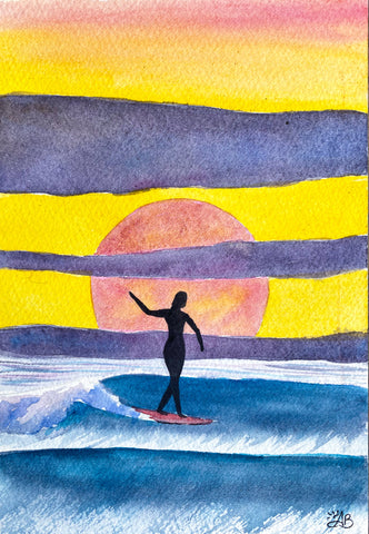 sunset surfer small watercolor painting