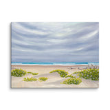 Beach scene with sand, shrubs, and ocean under a cloudy sky