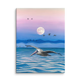 pelican art with sunset colors, full moon, and ocean
