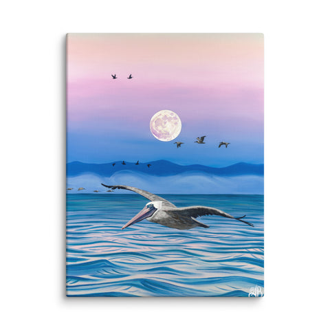 pelican art with sunset colors, full moon, and ocean