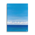 seascape painting with big sky, fluffy clouds, and deep teal ocean