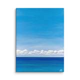 seascape painting with big sky, fluffy clouds, and deep teal ocean