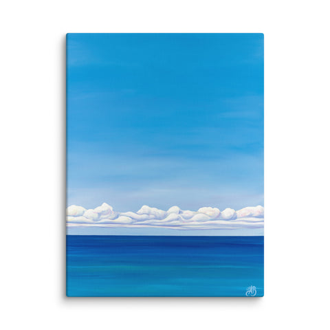 seascape painting with big sky, fluffy clouds, and deep teal ocean