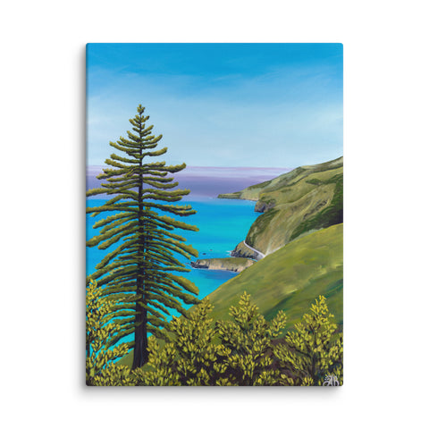 Big Sur California landscape with cliffs meeting the ocean, pine tree