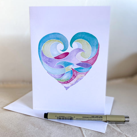 ocean love wave heart greeting note card