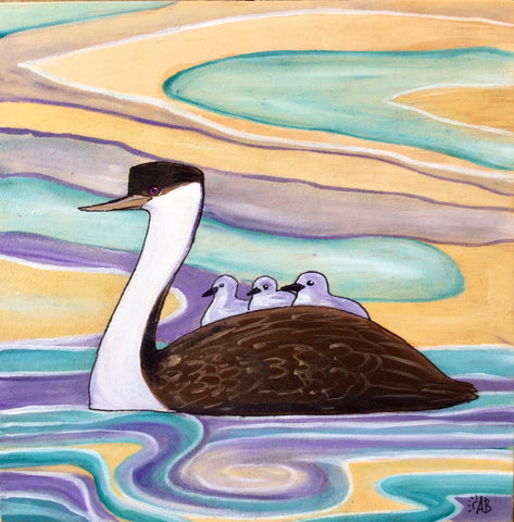 grebe babies riding on moms back painting