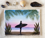sunset surfer watercolor painting