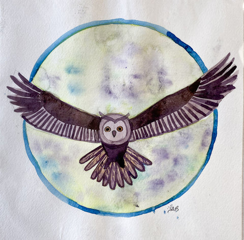 owl flying in front of moon watercolor painting