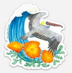 brown pelican california poppy wave art sticker