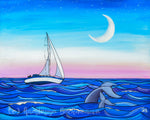 sunset sail acrylic painting, follow the sun art, anastasiya bachmanova