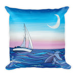 sailing whale moon sailboat throw pillow, ocean beach coastal decor, follow the sun art