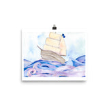 tall ship, pirate ship, watercolor art print, anastasiya bachmanova